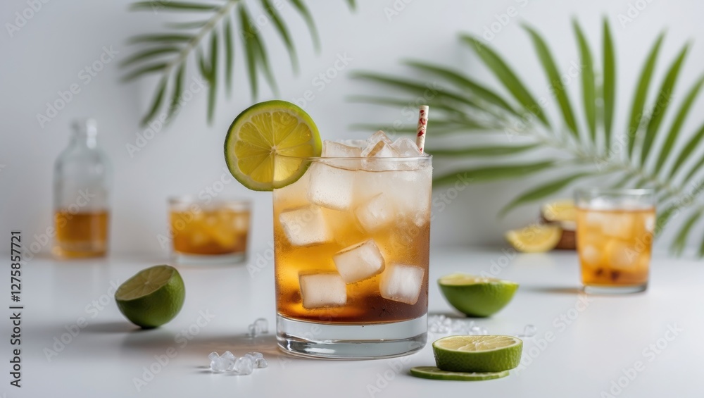 Cuba Libre Cocktail Garnished With Lime Slice On Bright Background Surrounded By Tropical Elements Cuba Libre Cocktail Garnished With Lime Slice On Bright Background Surrounded By Tropical Elements