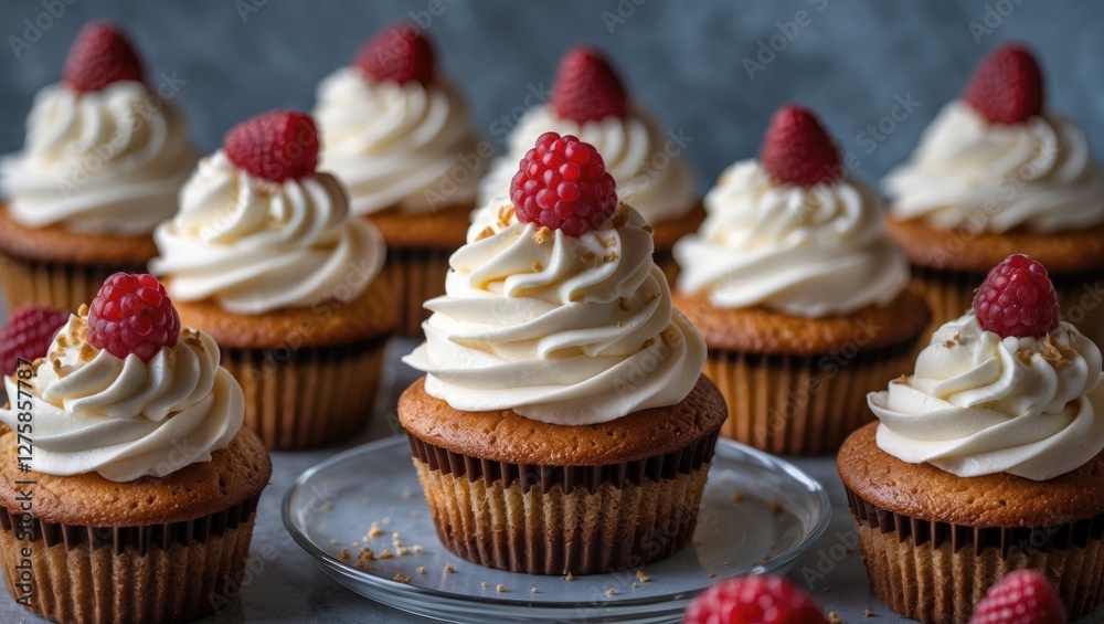 Delicious raspberry topped cupcakes with swirls of cream frosting arranged beautifully on a table for dessert or special occasion. Delicious raspberry topped cupcakes with swirls of cream frosting arranged beautifully on a table for dessert or special occasion.