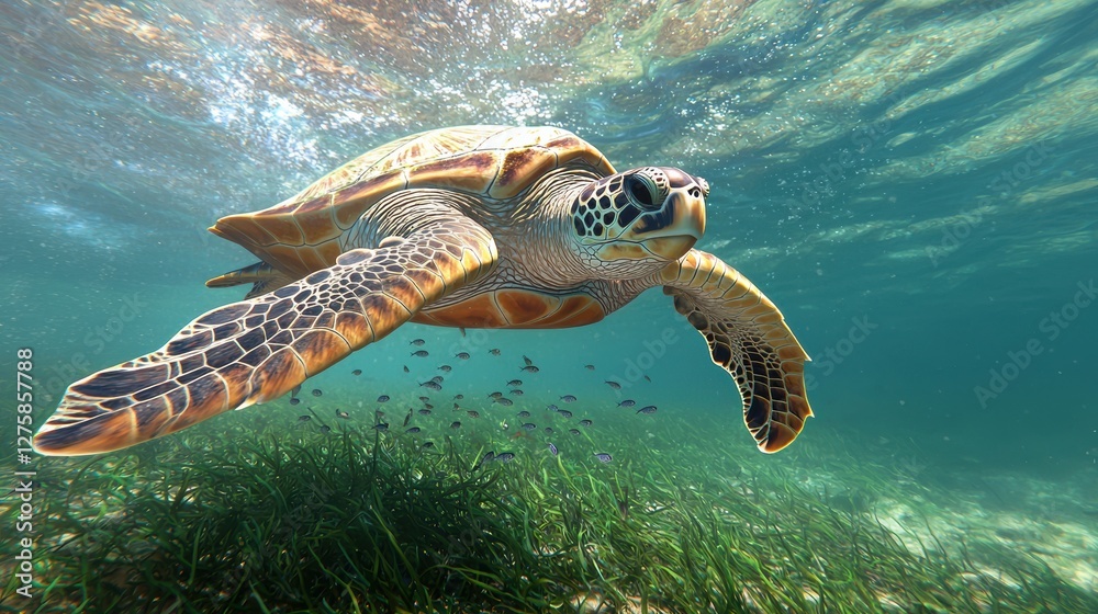 Fototapeta premium Exploring the Underwater Wonders World with a Majestic Turtle Swimming Gracefully in the Ocean