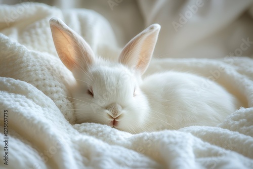 A white rabbit sleeping peacefully on a soft, fluffy blanket in a calm environment

