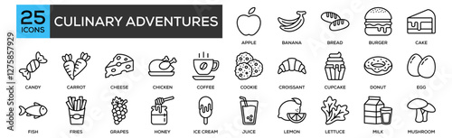 Culinary Adventures icon collection set. Containing design Apple, Banana, Bread, Burger, Cake