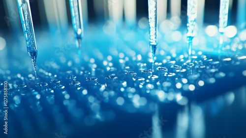 Macro shot of multiple pipette tips releasing blue liquid into a 96-well plastic plate, representing immunosorbent assay (ELISA) testing.