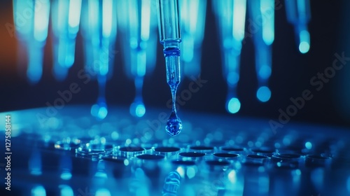 Macro shot of multiple pipette tips releasing blue liquid into a 96-well plastic plate, representing immunosorbent assay (ELISA) testing.