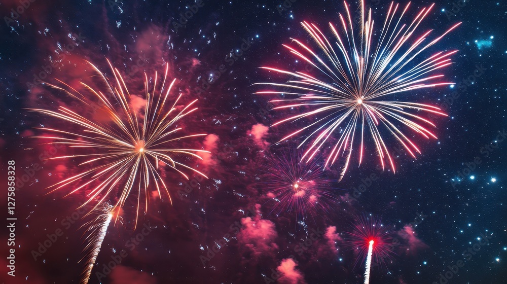 A vibrant display of fireworks lighting up the night sky with bursts of red, blue, and white against a backdrop of twinkling stars. A vibrant display of fireworks lighting up the night sky with bursts of red, blue, and white against a backdrop of twinkling stars.