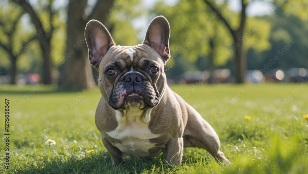 French Bulldog Relaxing On Green Grass In The Park Under Sunny Skies A Playful Companion Surrounded By Lush Trees And Open Space For Text French Bulldog Relaxing On Green Grass In The Park Under Sunny Skies A Playful Companion Surrounded By Lush Trees And Open Space For Text