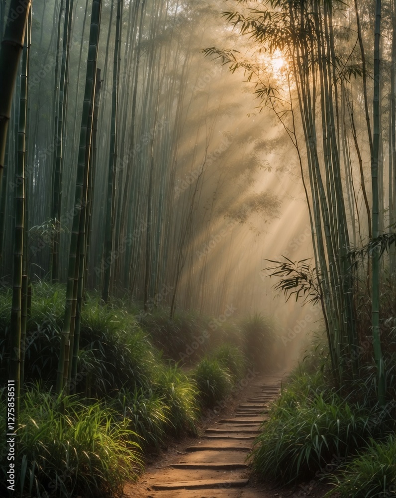 Fototapeta premium Mystical Bamboo Forest with Soft Morning Mist and Warm Sunlight
