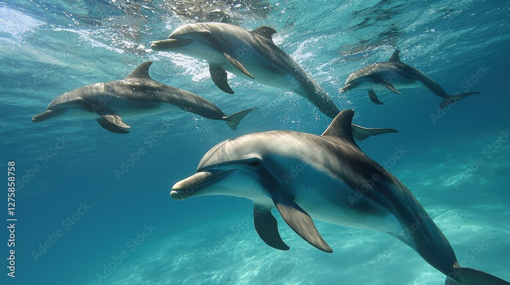 Fototapeta premium Exploring the Underwater Wonders World with Joyful Dolphins Swimming Gracefully Through Crystal Clear Waters