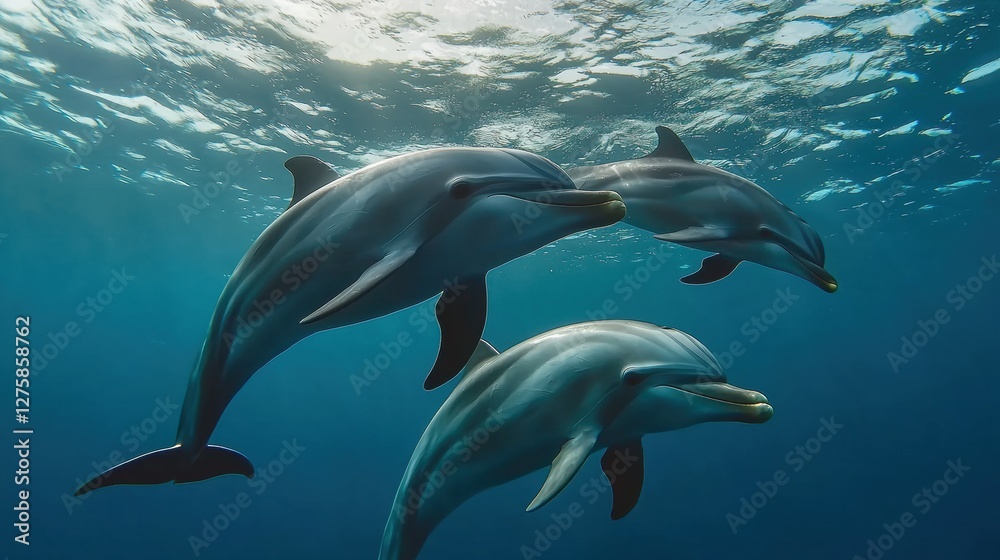 Obraz premium Explore the Enchantment of Underwater Wonders with Two Dolphins Swimming in the Ocean