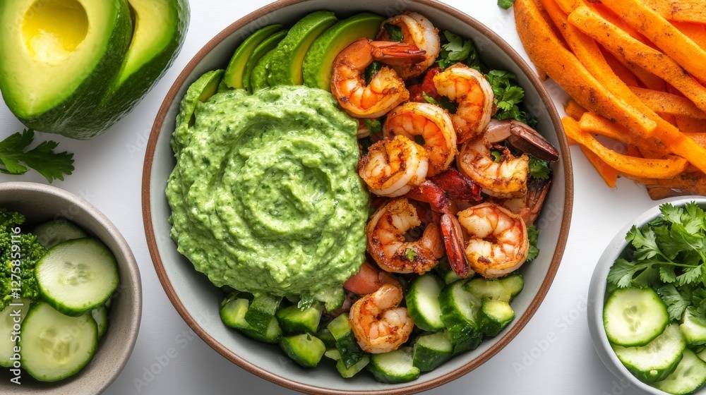overhead shot of aguachile served in shallow bowl, bright green sauce contrasting with shrimp and fresh vegetables overhead shot of aguachile served in shallow bowl, bright green sauce contrasting with shrimp and fresh vegetables