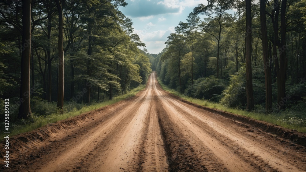 Fototapeta premium Scenic Dirt Road Winding Through Lush Green Forest Under a Cloudy Sky Inviting Exploration and Adventure
