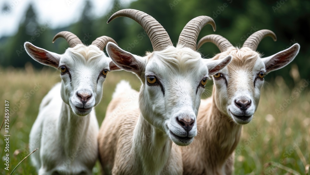 Portrait of three domestic goats in a lush meadow, showcasing their curious expressions and unique features in a serene natural setting.