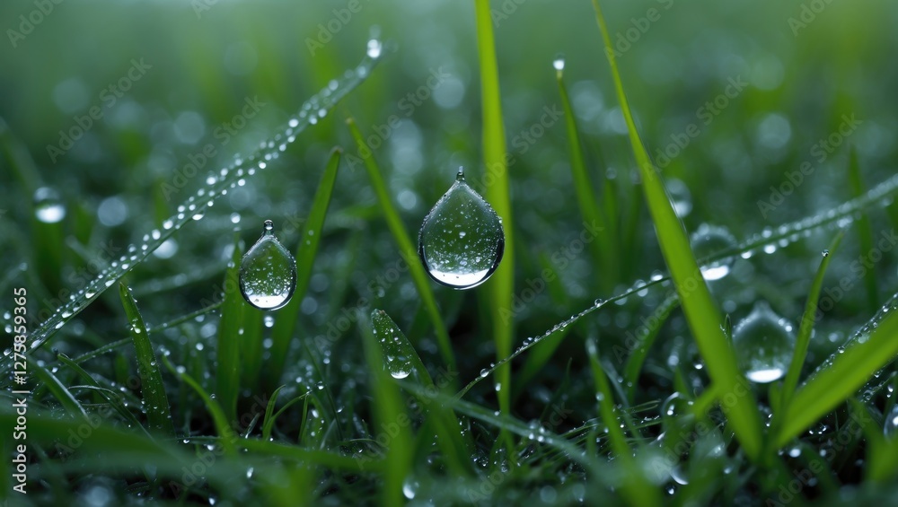 Macro Shot of Dew Drops on Vibrant Green Grass Blades in Natural Light Macro Shot of Dew Drops on Vibrant Green Grass Blades in Natural Light