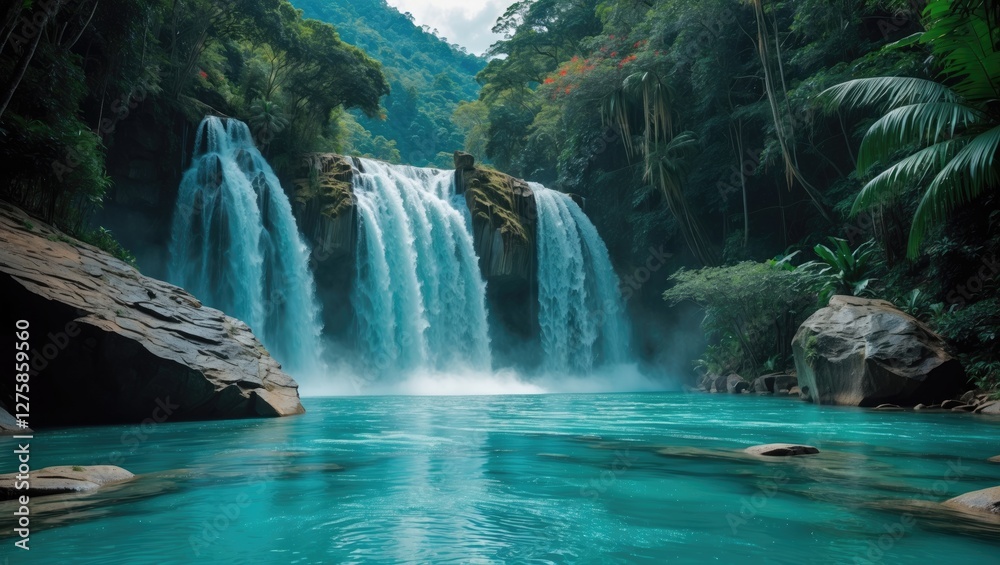 Naklejka premium Twin Waterfalls Cascading Into Turquoise Pond Surrounded By Lush Tropical Rainforest And Rocky Terrain In A Serene Natural Setting