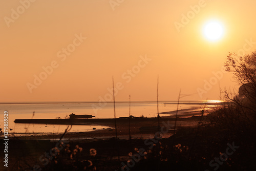 Obraz na płótnie ambiente marino lungo la costa del mare Adriatico sul Golfo di Trieste, nel nord Italia, al tramonto, in inverno w salonie