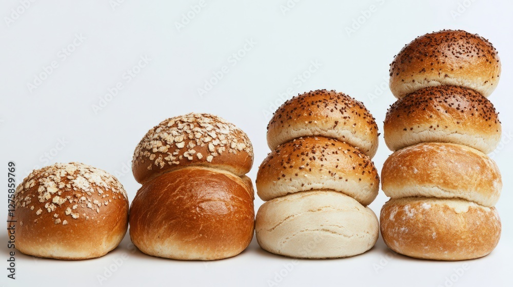 Assorted fresh bread rolls arranged in a line, showcasing various toppings and textures Assorted fresh bread rolls arranged in a line, showcasing various toppings and textures