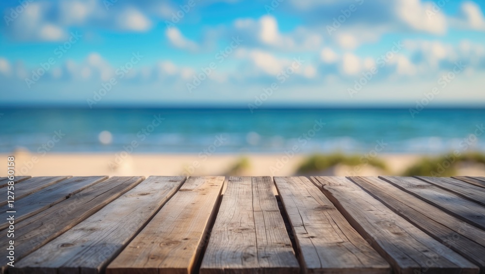 Wooden Tabletop Overlooking Blurred Summer Beach with Vibrant Blue Sea and Sky Ideal for Vacation and Travel Promotions Wooden Tabletop Overlooking Blurred Summer Beach with Vibrant Blue Sea and Sky Ideal for Vacation and Travel Promotions