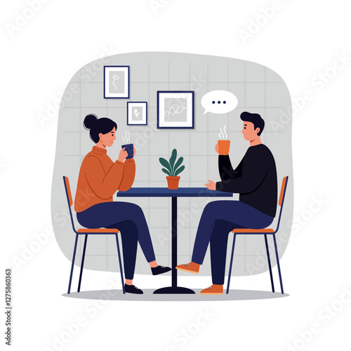 People Having Coffee Together Illustration at Cafe with Conversation Bubble