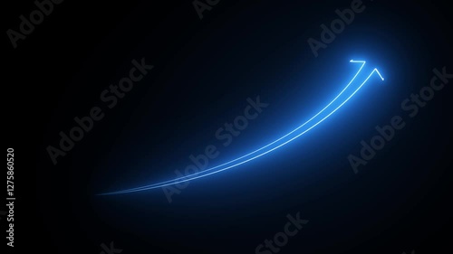 Abstract glowing neon swipe arrow. 4k animation. Down to up neon line arrow direction animation. Neon line raising business arrow on black background.