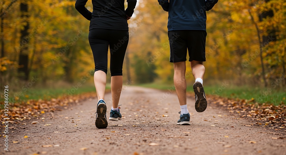 Fototapeta premium Legs jogging on autumn path - pursuing fitness - health and wellness article