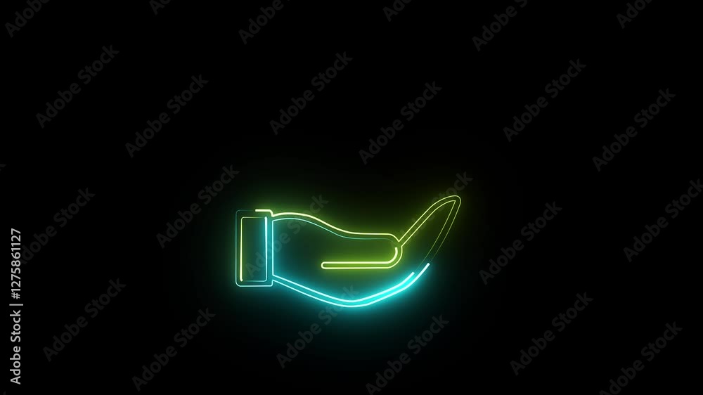 Glowing neon hand icon  up hand come position . neon hand 4k animated isolated  on  black background.