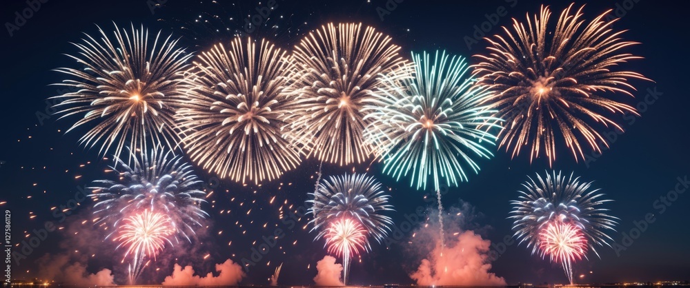 Fototapeta premium Vibrant Fireworks Display Illuminating Night Sky with Empty Space for Celebration Text or Message