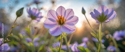 Delicate purple flower in sunlight surrounded by lush greenery creating a serene outdoor atmosphere in nature. photo