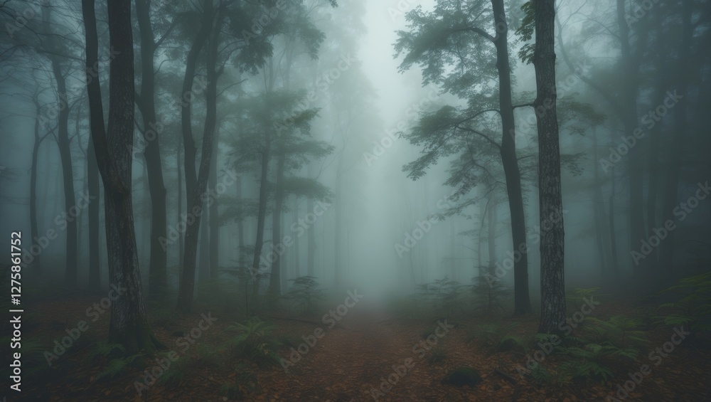 Naklejka premium Mysterious Foggy Forest Landscape with Majestic Trees and Soft Mist Creating an Enigmatic Atmosphere and Room for Text Overlay