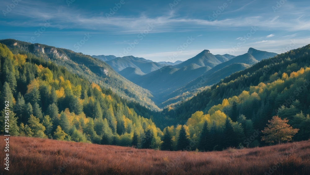 Majestic Forest Landscape with Lush Greenery and Blue Sky Ideal for Nature Themes and Text Overlay Majestic Forest Landscape with Lush Greenery and Blue Sky Ideal for Nature Themes and Text Overlay