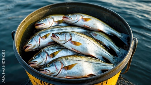 Freshly Caught Fish in a Round Bucket by the Lake with Reflective Water Surface and Room for Custom Text photo