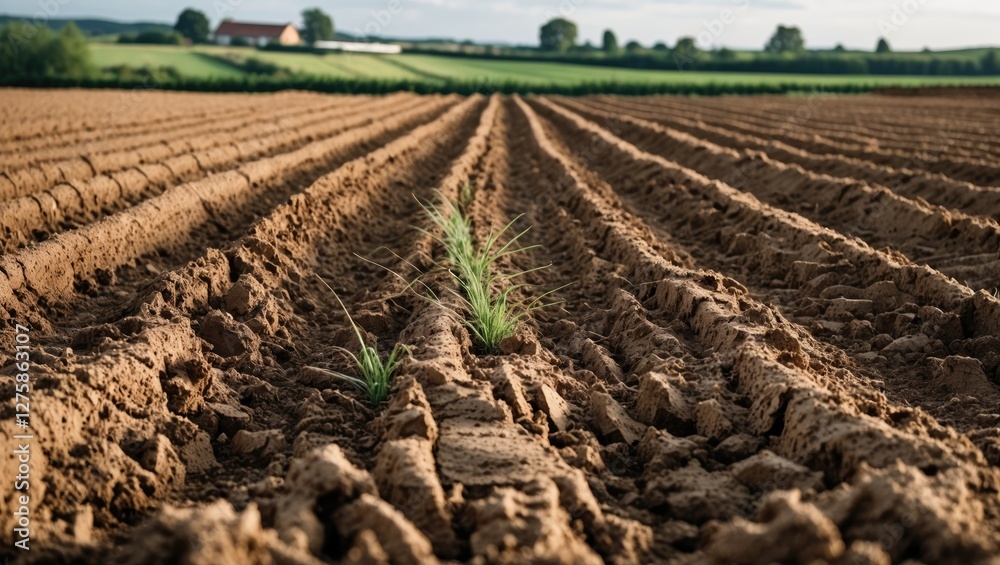 Fototapeta premium Plowed Agricultural Field with Furrows and Emerging Grass in Serene Countryside Landscape