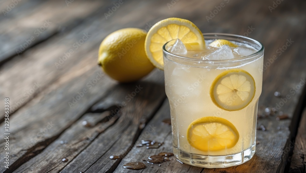 Refreshing Lemonade in a Glass with Ice and Lemon Slices on Rustic Wood Surface Ideal for Summer Beverage Promotions and Recipe Text Refreshing Lemonade in a Glass with Ice and Lemon Slices on Rustic Wood Surface Ideal for Summer Beverage Promotions and Recipe Text