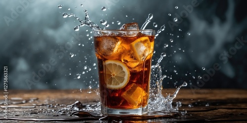 Refreshing iced tea splash with lemon in glass on wooden table against dramatic background ideal for beverage promotions and advertisements. photo