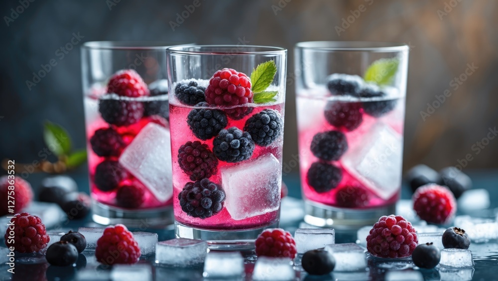 Refreshing Berry Cocktails with Ice Cubes and Colorful Fruits on Rustic Background Refreshing Berry Cocktails with Ice Cubes and Colorful Fruits on Rustic Background