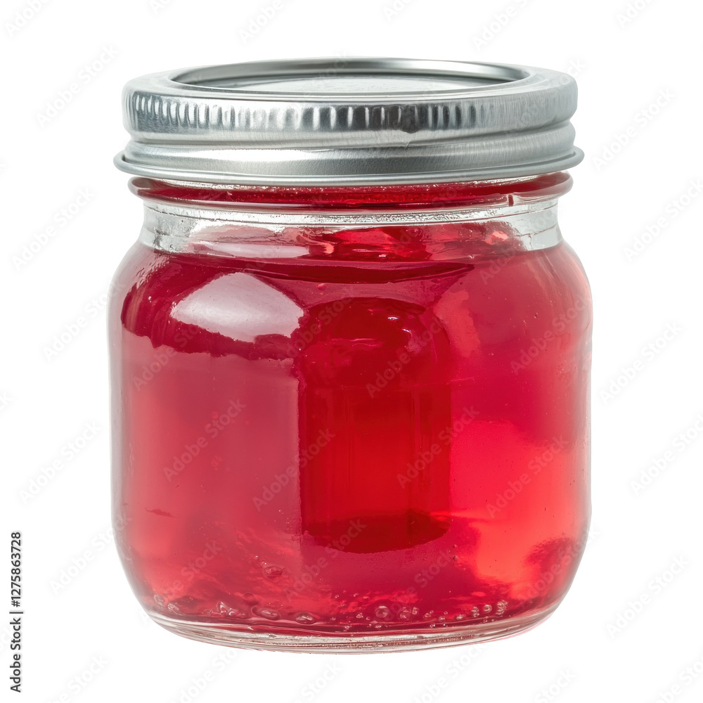 Bright red jelly in a glass jar on a white background isolated on png transparent background, cut out Bright red jelly in a glass jar on a white background isolated on png transparent background, cut out
