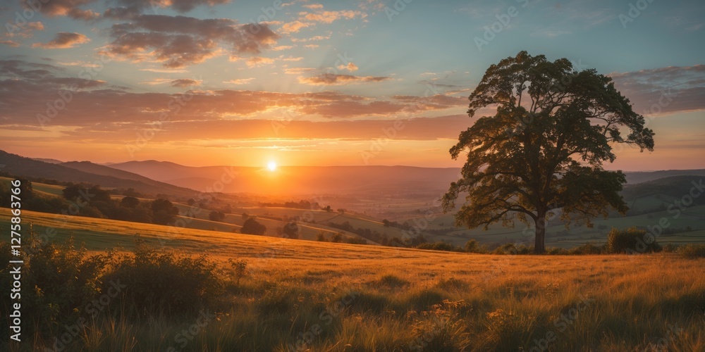 Tranquil Golden Sunset Over Rolling Hills and Lush Fields with Majestic Tree Silhouette Tranquil Golden Sunset Over Rolling Hills and Lush Fields with Majestic Tree Silhouette
