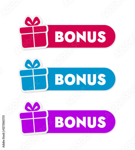 set of three multi-colored stickers in vector format with the text bonus