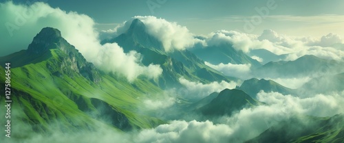 Wallpaper Mural Majestic Green Mountain Peaks Surrounded by Soft Wispy Clouds in a Tranquil Landscape Under a Serene Sky Torontodigital.ca