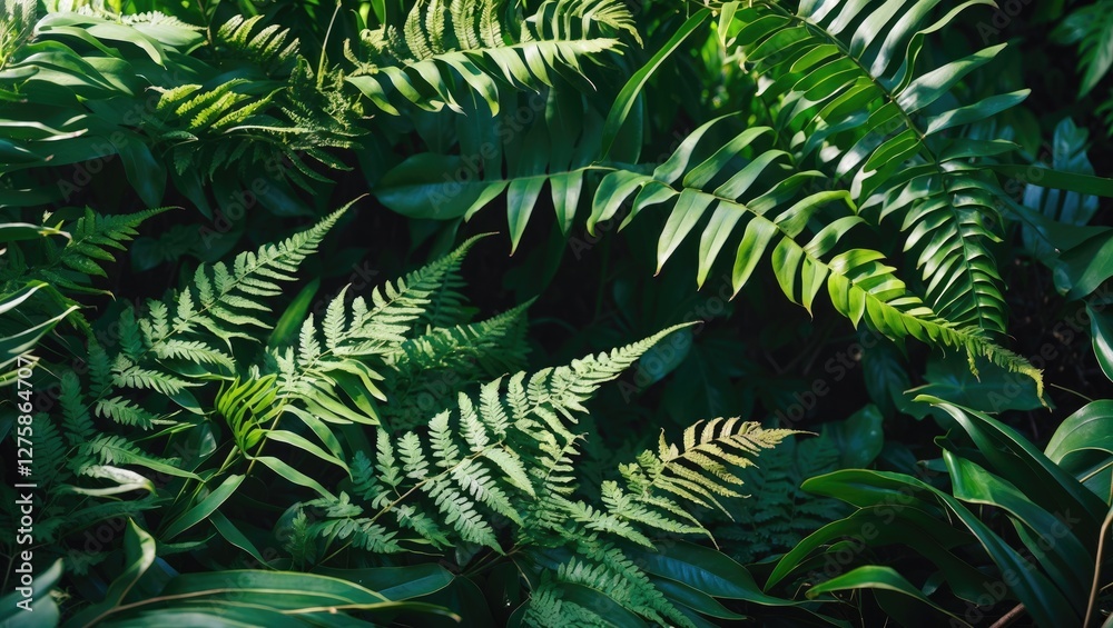 Lush Green Tropical Ferns Creating A Rich Natural Background With Diverse Leaf Textures And Shades For Design And Decoration Uses. Lush Green Tropical Ferns Creating A Rich Natural Background With Diverse Leaf Textures And Shades For Design And Decoration Uses.
