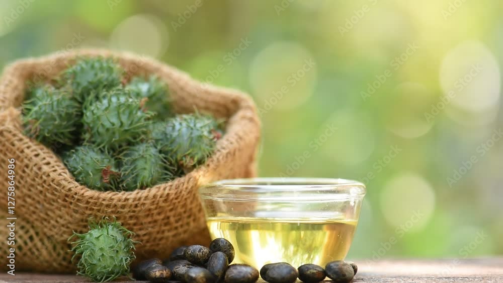 Castor fruits ,dried seeds and oil on natural background.