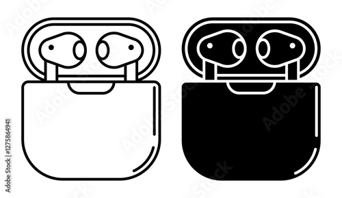 Linear icon. Wireless headphones in protective charging case with flip cover. Portable device for listening to music. Simple black and white vector isolated on white background