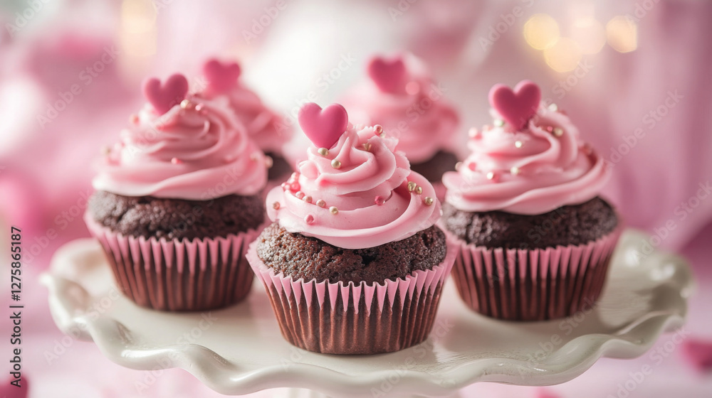 White plate with four cupcakes on it, each with pink frosting White plate with four cupcakes on it, each with pink frosting
