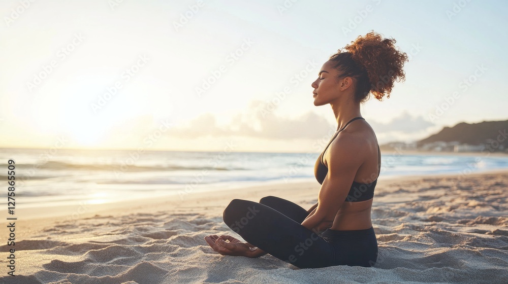 Shoulder stretch on a spacious beach with soft sand. Featuring relaxation and wellness