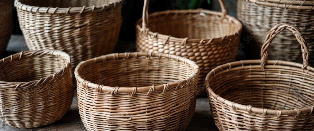Natural Hand-Woven Baskets Made From Wood Displaying Unique Textures and Designs for Home Decor and Storage Solutions.