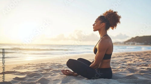 Shoulder stretch on a spacious beach with soft sand. Featuring relaxation and wellness