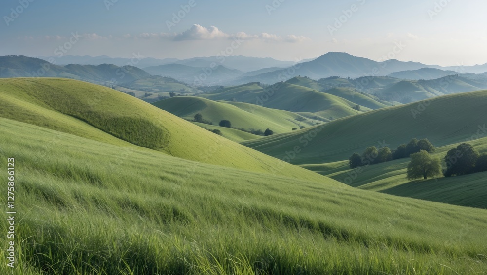 Fototapeta premium Lush Green Rolling Hills Under Clear Sky with Distant Mountains Creating a Serene Landscape Scene