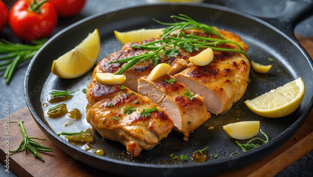 Grilled Chicken Garlic Steak with Fresh Herbs and Lemon Slices Served in Cast Iron Pan on Rustic Wooden Table Grilled Chicken Garlic Steak with Fresh Herbs and Lemon Slices Served in Cast Iron Pan on Rustic Wooden Table