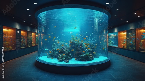 Aquarium Cylindrical Tank, Fish, Coral, Exhibit, Hallway photo