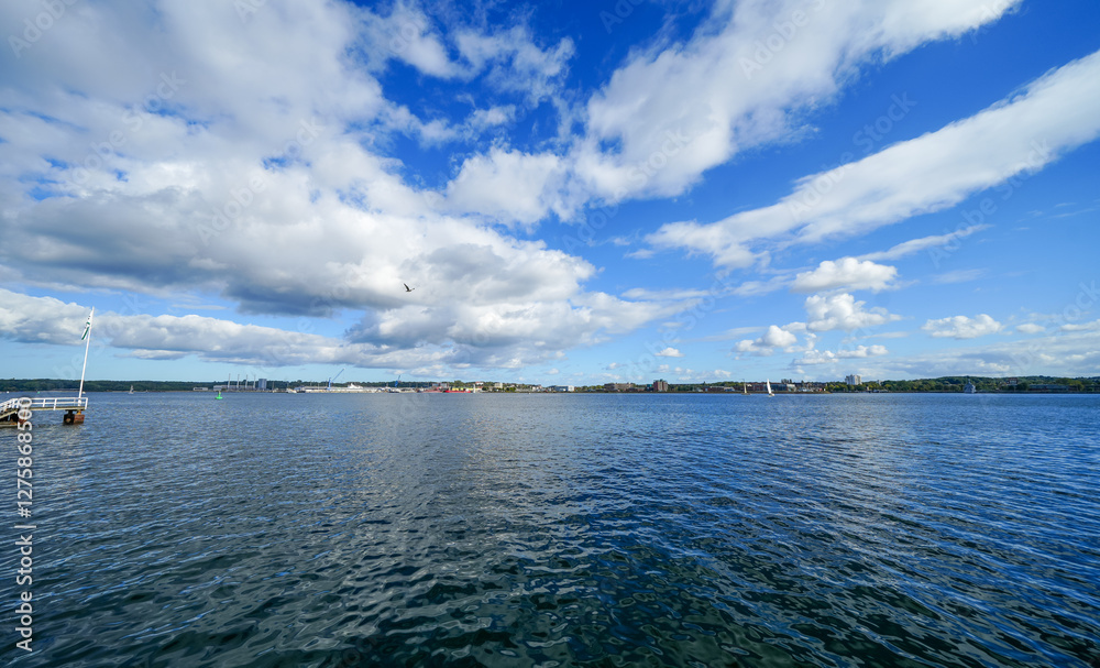 View of the harbor and the Baltic Sea in Kiel. Baltic Sea arm Kiel Fjord. View of the harbor and the Baltic Sea in Kiel. Baltic Sea arm Kiel Fjord.