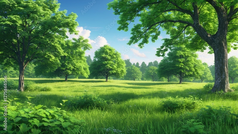 Lush Summer Landscape with Green Trees and Grass Under Clear Blue Sky in a Serene Natural Setting Perfect for Outdoor Prominence and Relaxation. Lush Summer Landscape with Green Trees and Grass Under Clear Blue Sky in a Serene Natural Setting Perfect for Outdoor Prominence and Relaxation.