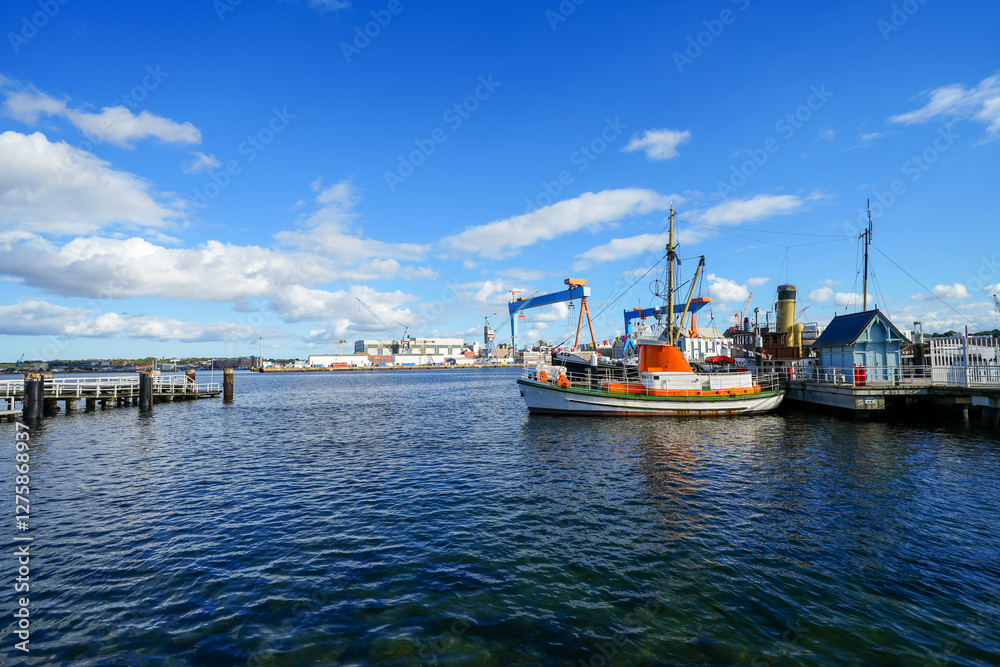 Fototapeta premium View of the harbor and the Baltic Sea in Kiel. Baltic Sea arm Kiel Fjord.